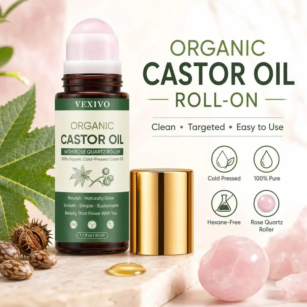 Vexivo Original 100% Organic Castor Oil ColdPressed With Rose Quartz Roller 50ml
